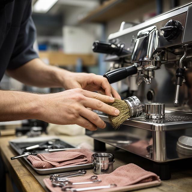 Hände reinigen eine Kaffeemaschine in einer sorgfältig eingerichteten Werkstatt