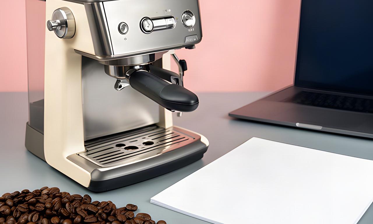 Online-Bestellung einer Kaffeemaschine neben Kaffeebohnen und einem Notizblock