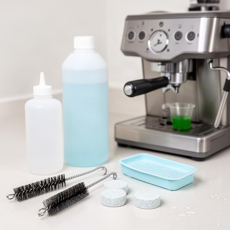 Reinigungsset Clean and Care mit Entkalker, Bürsten und Reinigungstabletten neben einer Kaffeemaschine