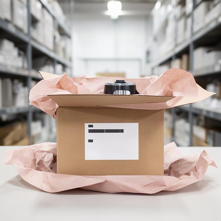 Verpackte elektrische Kaffeemühle mit Versandetikett in einem hellen Lagerraum
