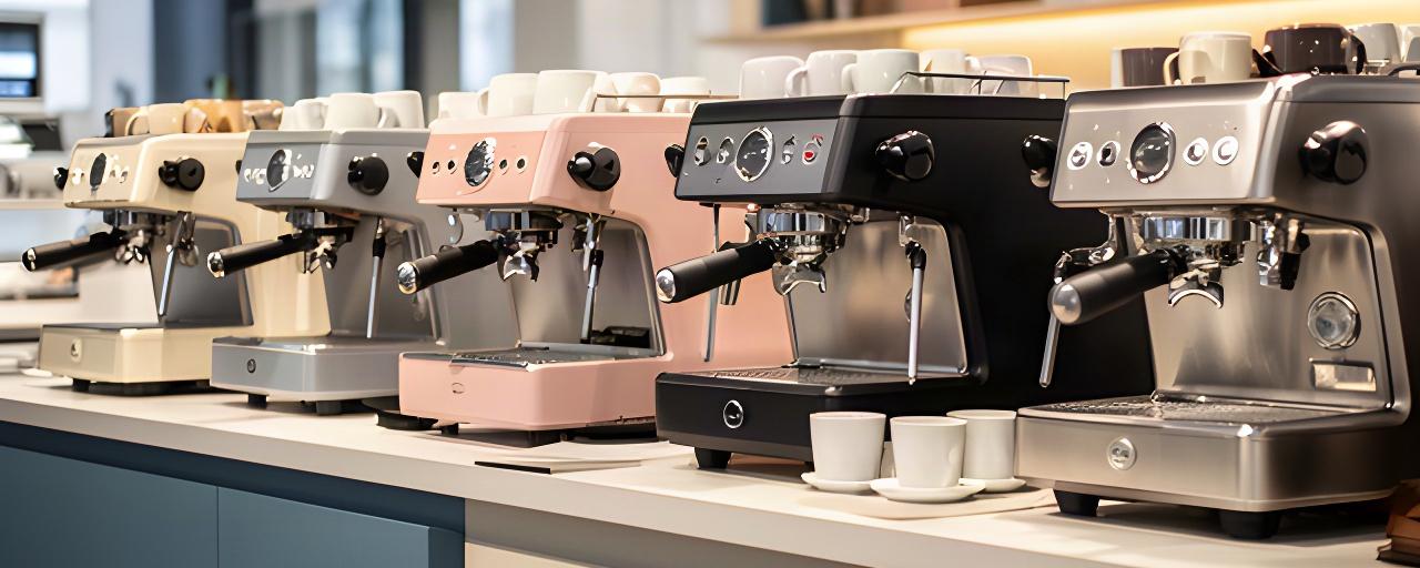 Mehrere hochwertige Kaffeemaschinen auf einer Präsentationstheke im Zürcher Showroom