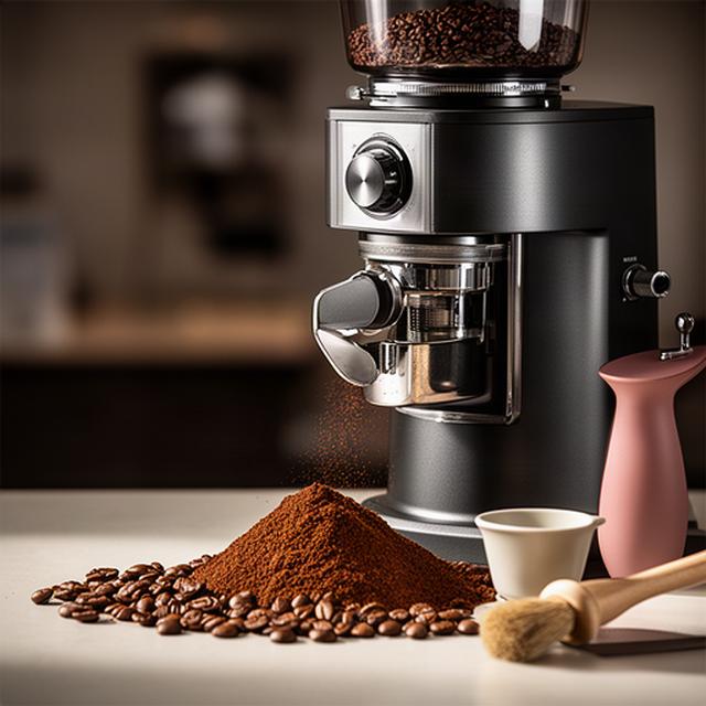 Präzise Kaffeemühle neben frisch gemahlenen Bohnen auf einer Arbeitsfläche