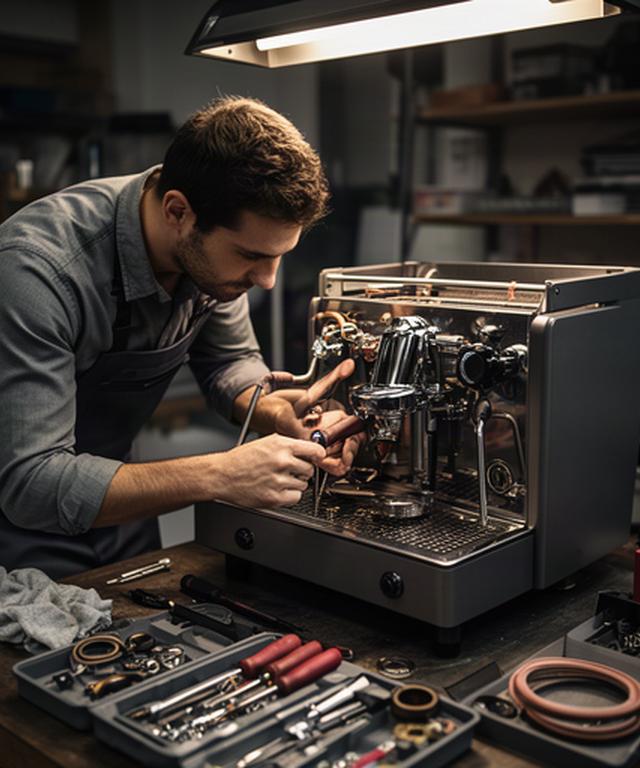 Marco Fuchs baut eine Kaffeemaschine in der Reparaturwerkstatt auseinander