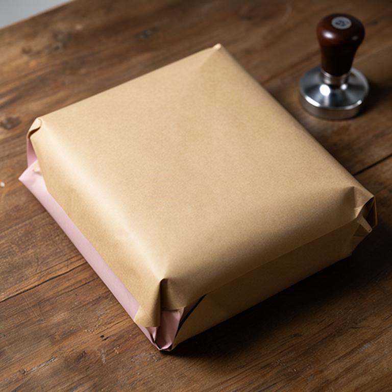 Sorgfältig verschlossenes Paket mit Kaffeezubehör auf einem Holztisch