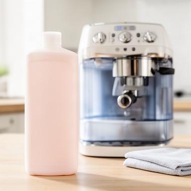 Entkalkerflasche neben einer Kaffeemaschine auf einer hellen Arbeitsfläche