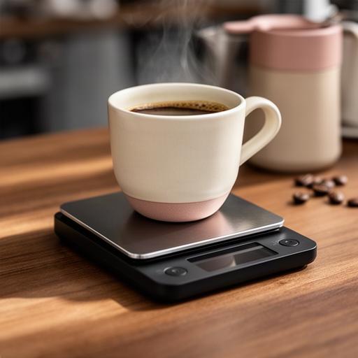 Digitale Kaffeewaage unter einer Tasse auf einer Holztheke