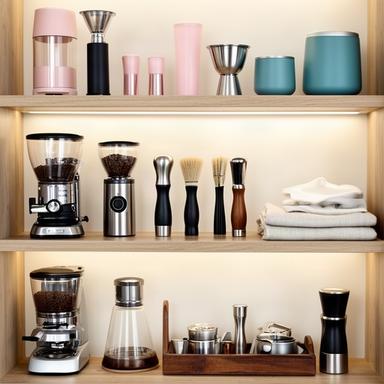 Kaffeemühlen, Tamper und Bürsten ordentlich auf einem Regal