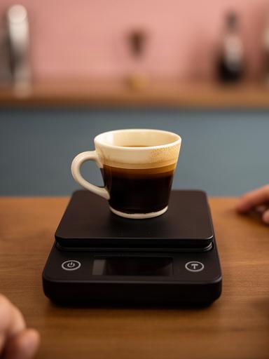 Digitale Kaffeewaage mit Espressotasse an einer Barista-Station