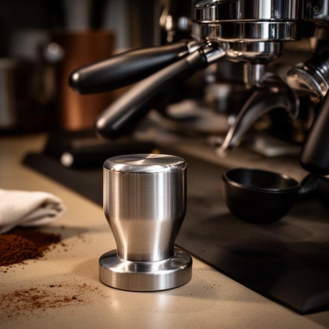 Metallischer Tamper neben einer Siebträgergruppe auf einer Barista-Arbeitsfläche