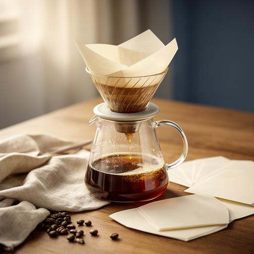 Filterkaffee-Zubehör mit Glaskanne und Papierfiltern auf einem Tisch