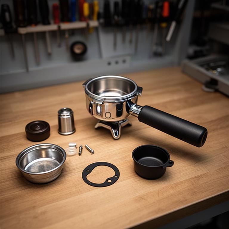 Kaffeezubehör mit Siebträger, Ersatzsieb und Dosierbecher in einer aufgeräumten Werkstatt