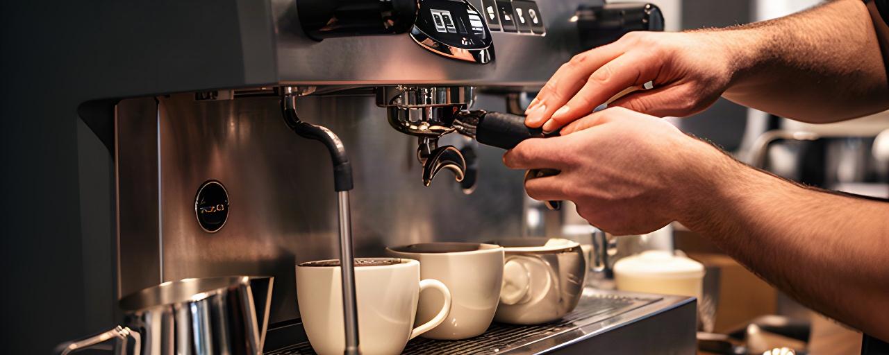 Barista prüft den Siebträger einer Kaffeemaschine neben Tassen und Milchkanne