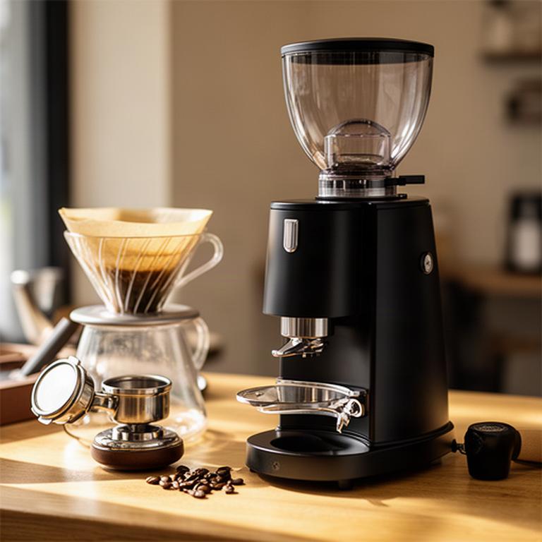 Mahlkönig X54 Kaffeemühle mit schwarzem Gehäuse neben Filterhalter und Siebträger