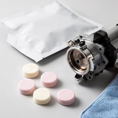 Reinigungstabs in einer geöffneten Verpackung neben einer Brühgruppe