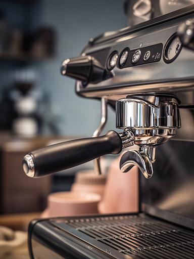 Detail einer glänzenden Espressomaschine mit Siebträger